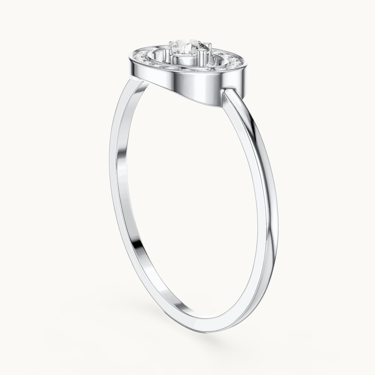 Round lab-grown diamond floating solitaire oval frame ring in white gold, 0.18 CT TW, view 1