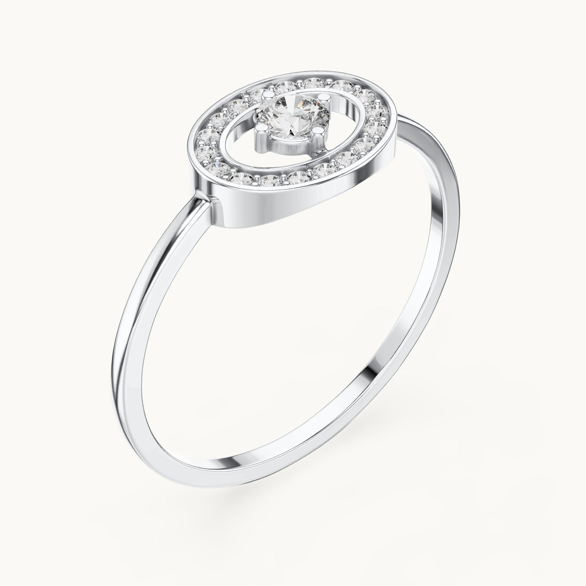 Round lab-grown diamond floating solitaire oval frame ring in white gold, 0.18 CT TW, view 2