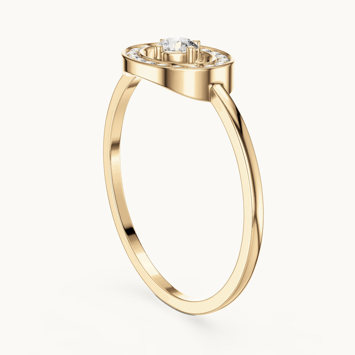 Round lab-grown diamond floating solitaire oval frame ring in yellow gold, 0.18 CT TW, view 1