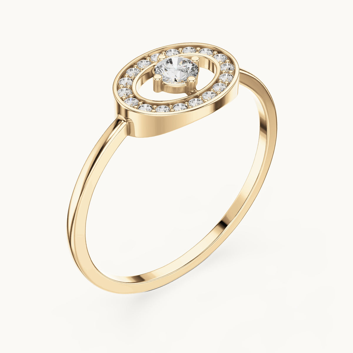 Round lab-grown diamond floating solitaire oval frame ring in yellow gold, 0.18 CT TW, view 2