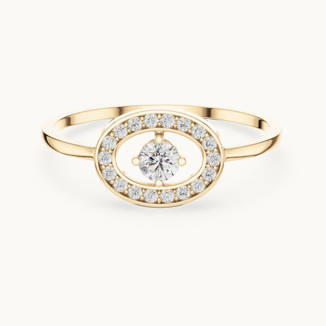 Round lab-grown diamond floating solitaire oval frame ring in yellow gold, 0.18 CT TW, view 4