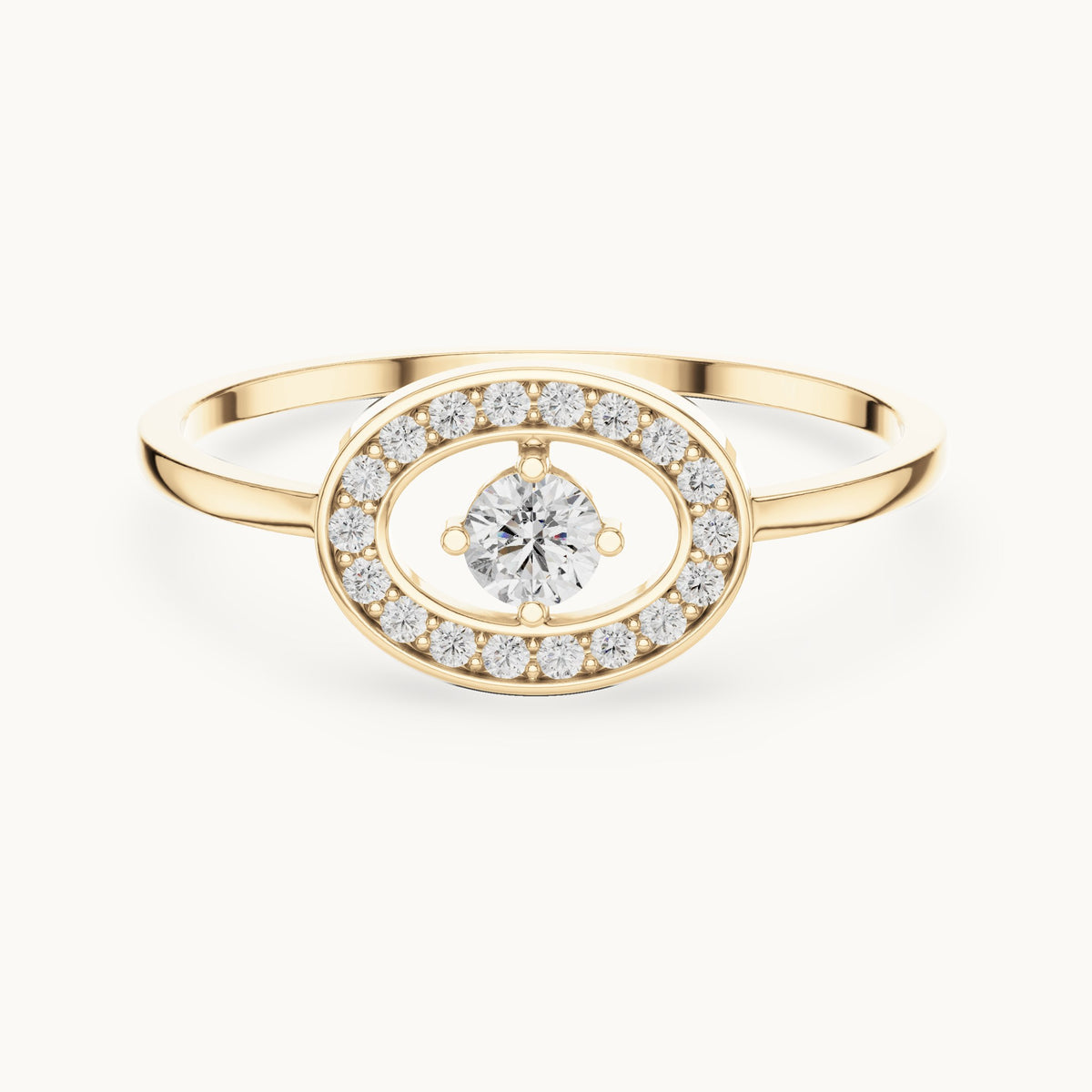 Round lab-grown diamond floating solitaire oval frame ring in yellow gold, 0.18 CT TW, view 4