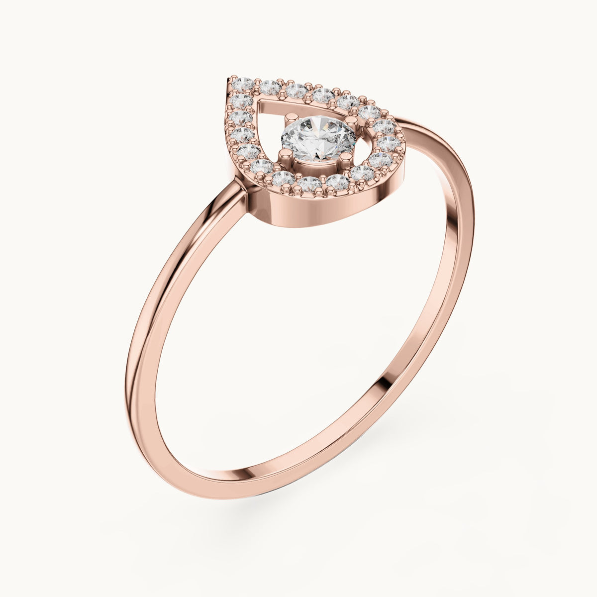 Round lab-grown diamond teardrop halo ring in rose gold, 0.18 CT TW, view 2