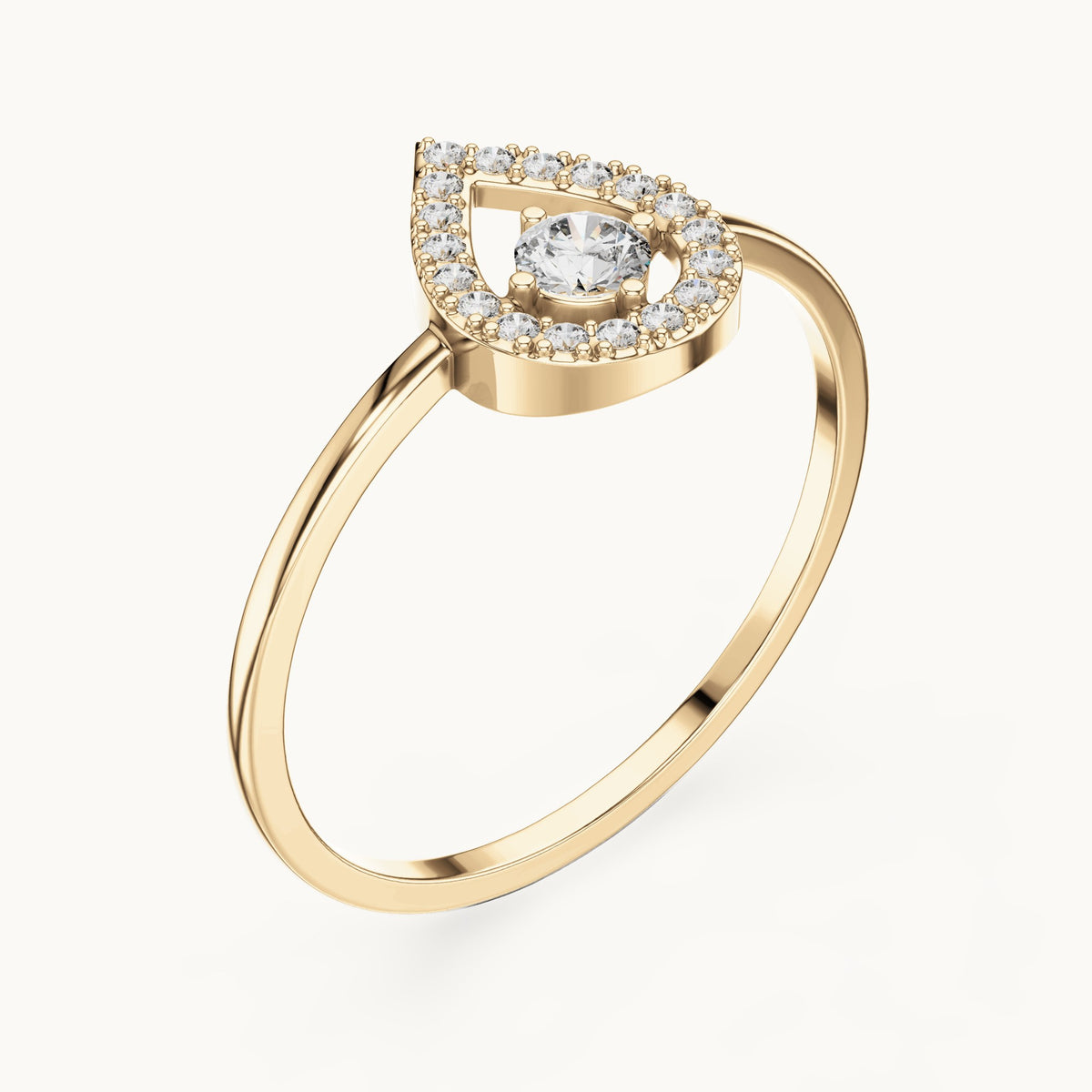 Round lab-grown diamond teardrop halo ring in yellow gold, 0.18 CT TW, view 2