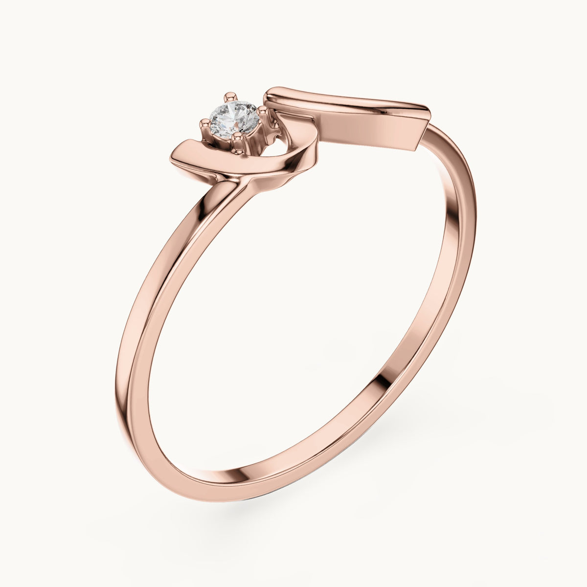 Round lab-grown diamond solitaire wave ring in rose gold, 0.035 CT TW, view 2