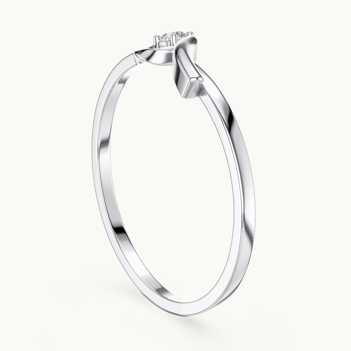 Round lab-grown diamond solitaire wave ring in white gold, 0.035 CT TW, view 1