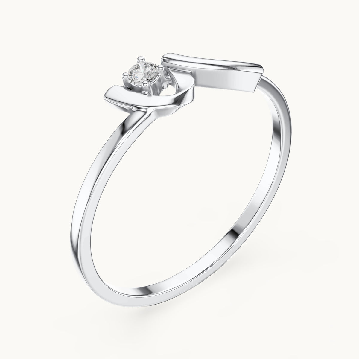 Round lab-grown diamond solitaire wave ring in white gold, 0.035 CT TW, view 2