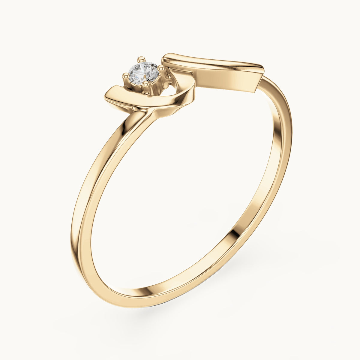 Round lab-grown diamond solitaire wave ring in yellow gold, 0.035 CT TW, view 2