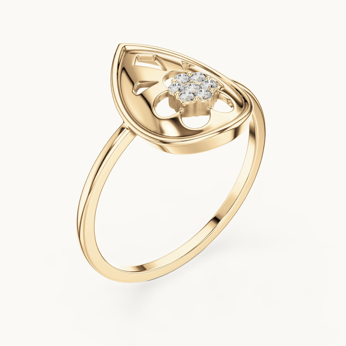 Round lab-grown diamond teardrop flower cluster ring in yellow gold, 0.046 CT TW, view 2