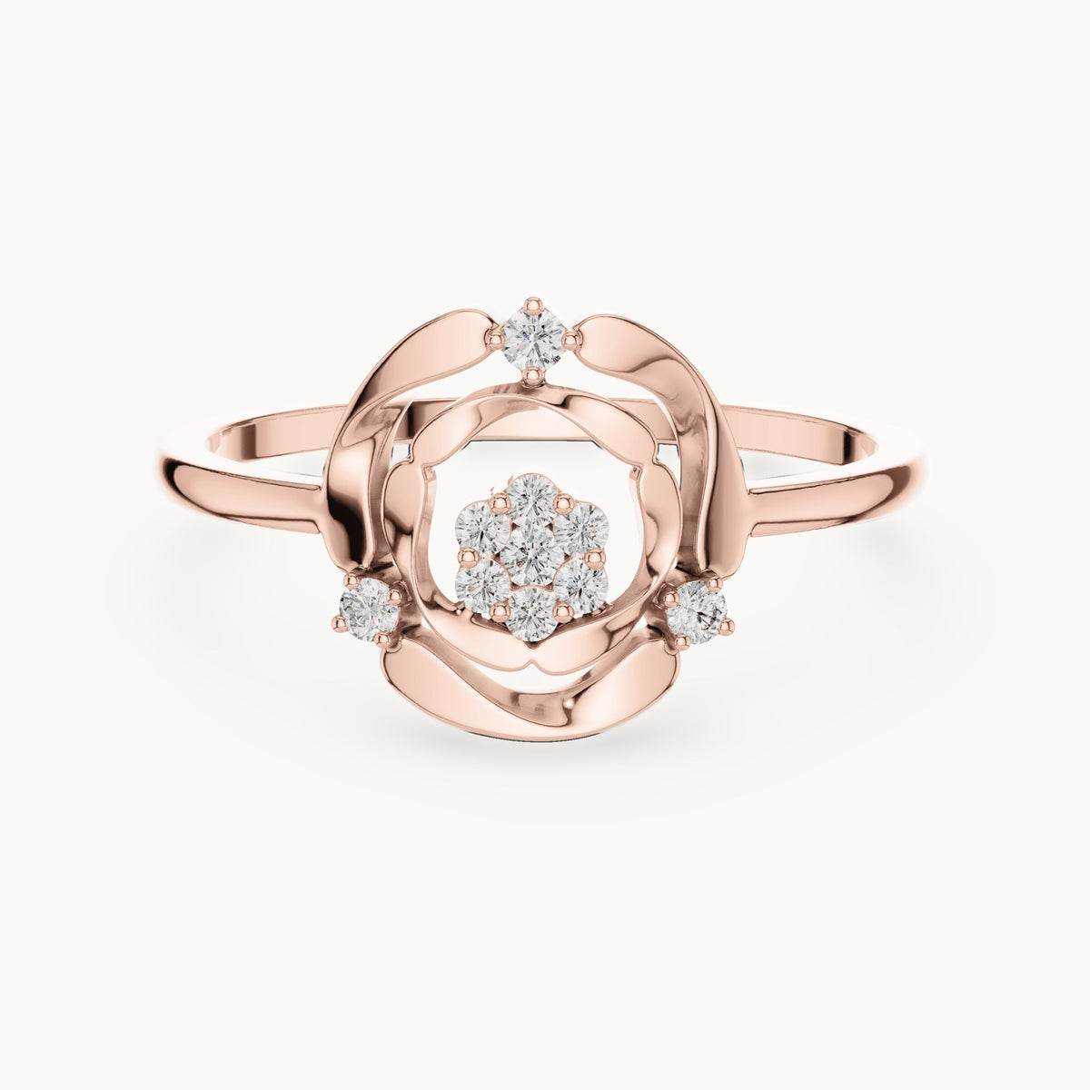 Round lab-grown diamond scalloped openwork flower cluster ring in rose gold, 0.087 CT TW, view 4