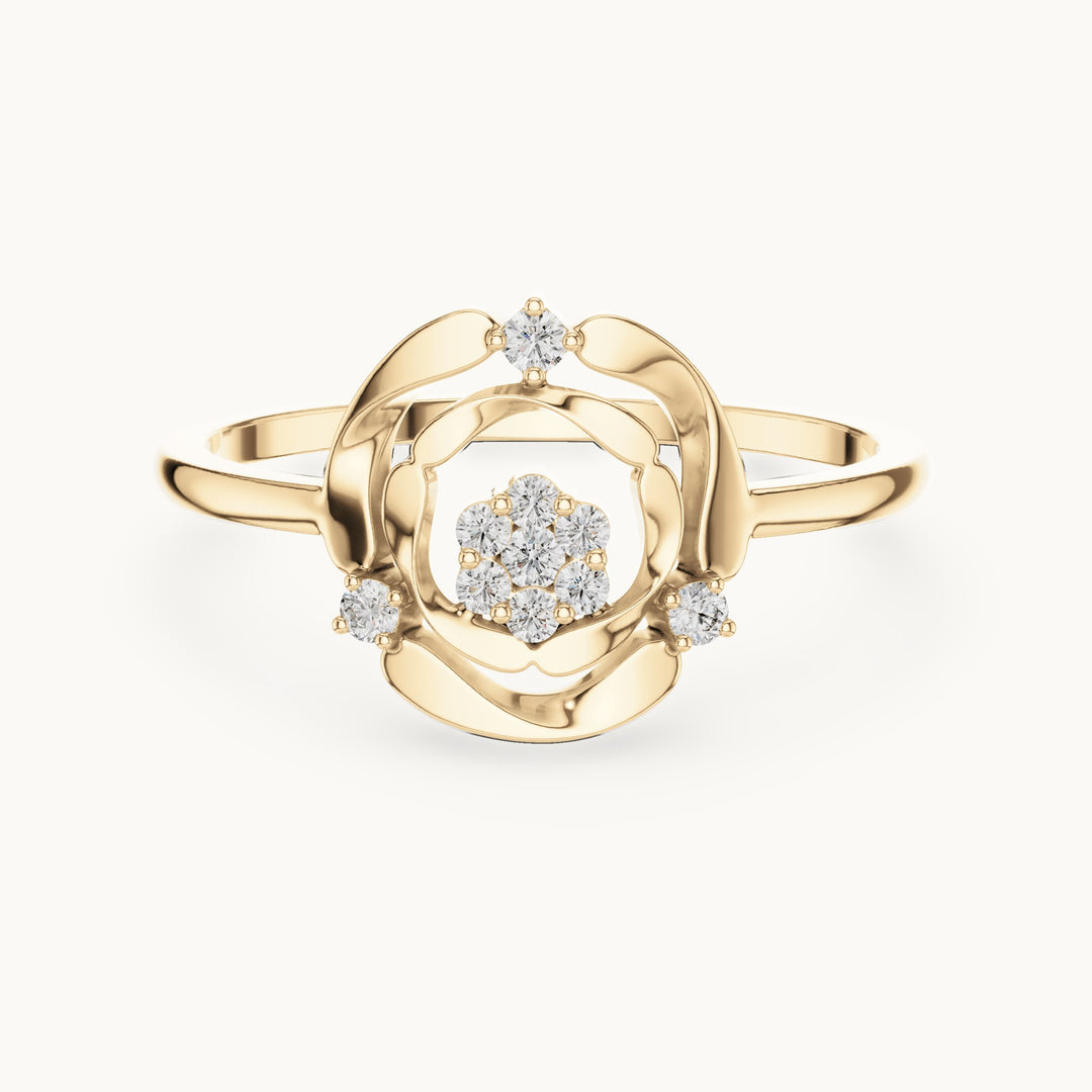 Round lab-grown diamond scalloped openwork flower cluster ring in yellow gold, 0.087 CT TW, view 4