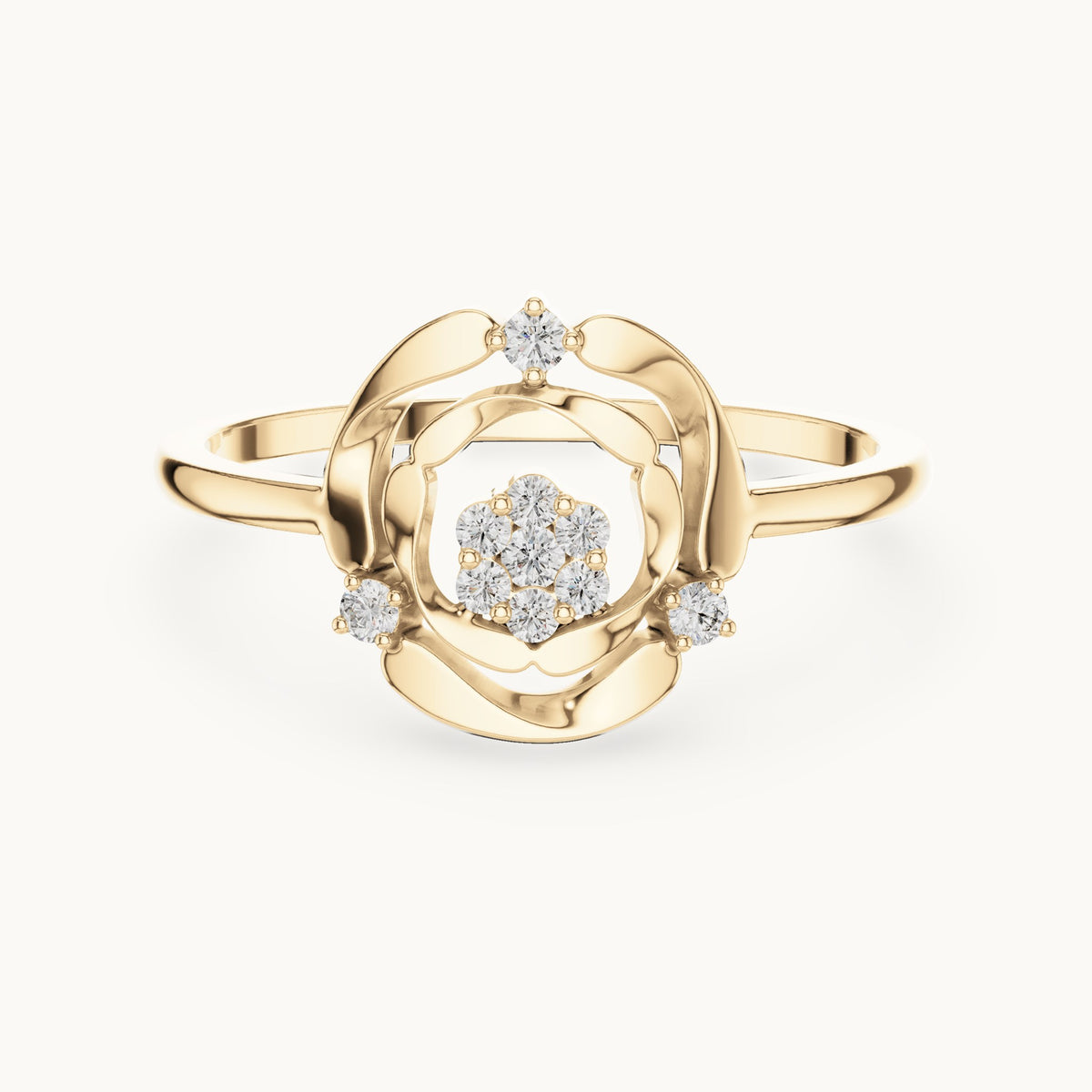 Round lab-grown diamond scalloped openwork flower cluster ring in yellow gold, 0.087 CT TW, view 4