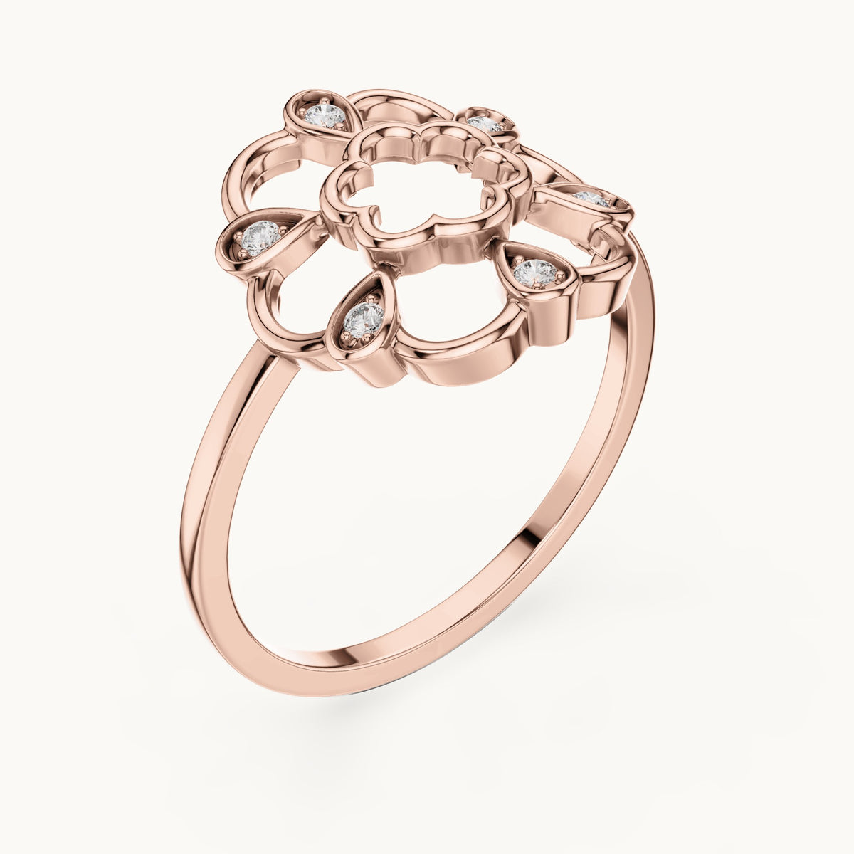 Round lab-grown diamond open flower outline ring in rose gold, 0.06 CT TW, view 2
