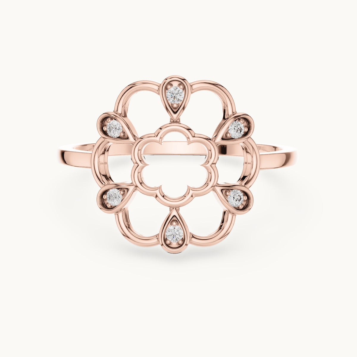 Round lab-grown diamond open flower outline ring in rose gold, 0.06 CT TW, view 4