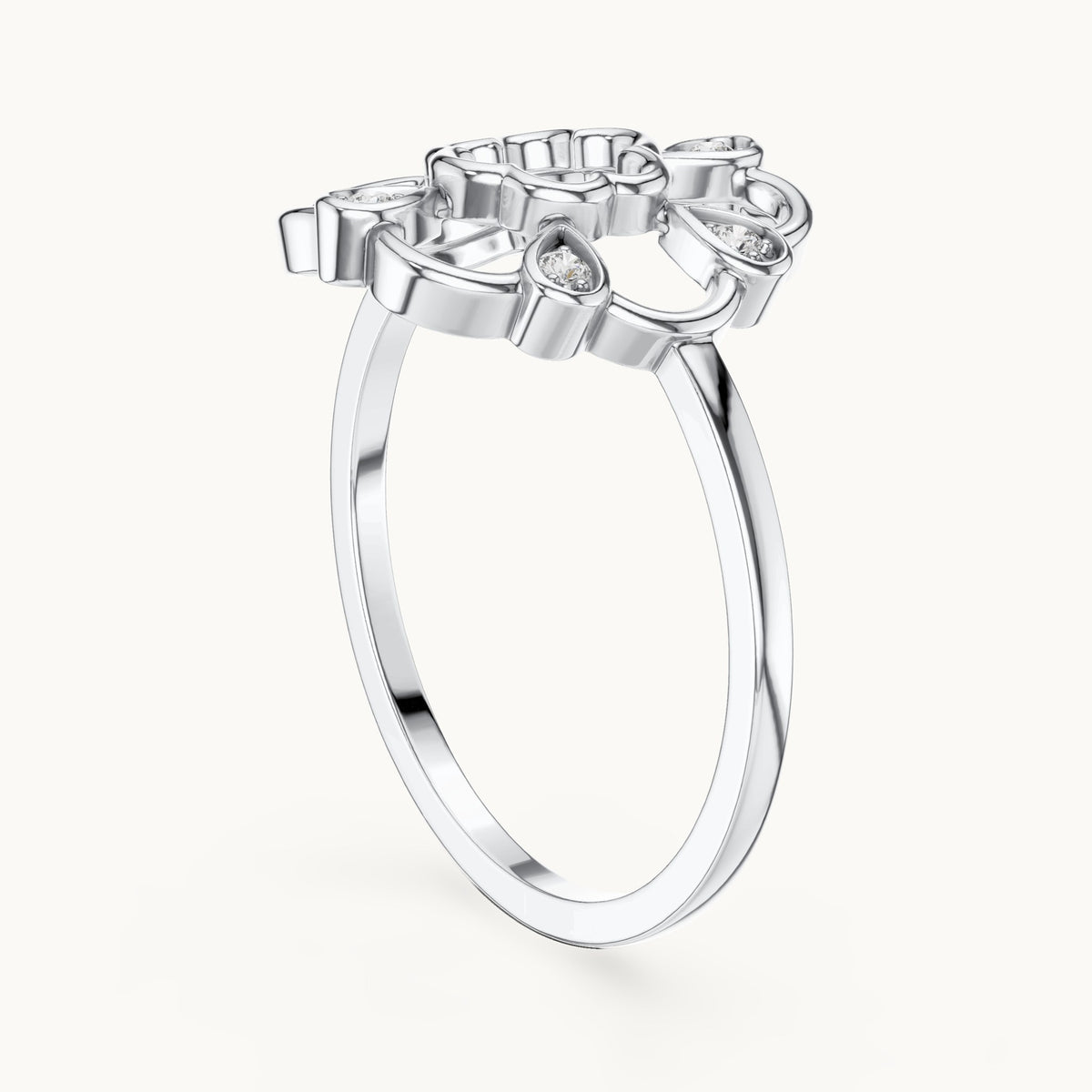 Round lab-grown diamond open flower outline ring in white gold, 0.06 CT TW, view 1