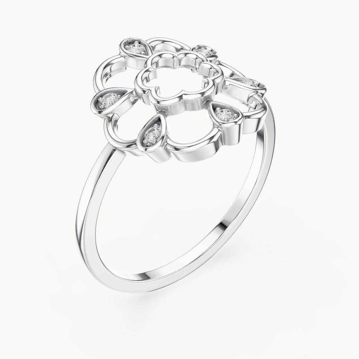 Round lab-grown diamond open flower outline ring in white gold, 0.06 CT TW, view 2