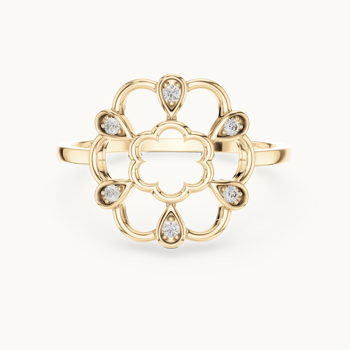 Round lab-grown diamond open flower outline ring in yellow gold, 0.06 CT TW, view 4