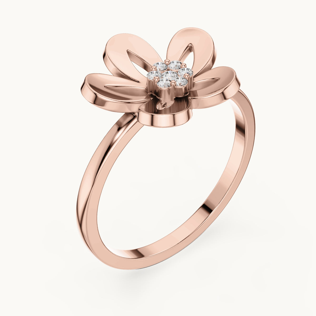 Round lab-grown diamond plumeria flower ring in rose gold, 0.048 CT TW, view 2