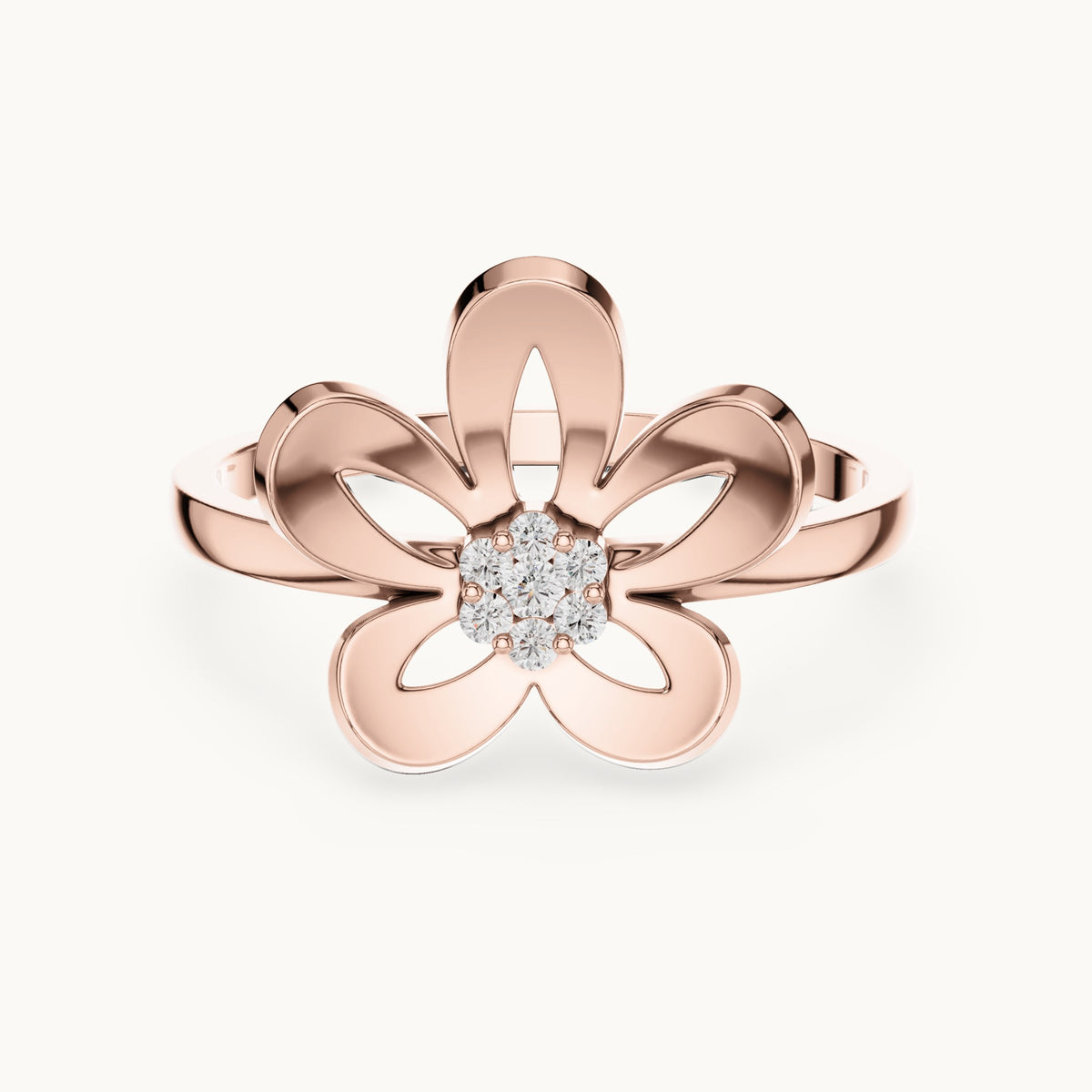 Round lab-grown diamond plumeria flower ring in rose gold, 0.048 CT TW, view 4