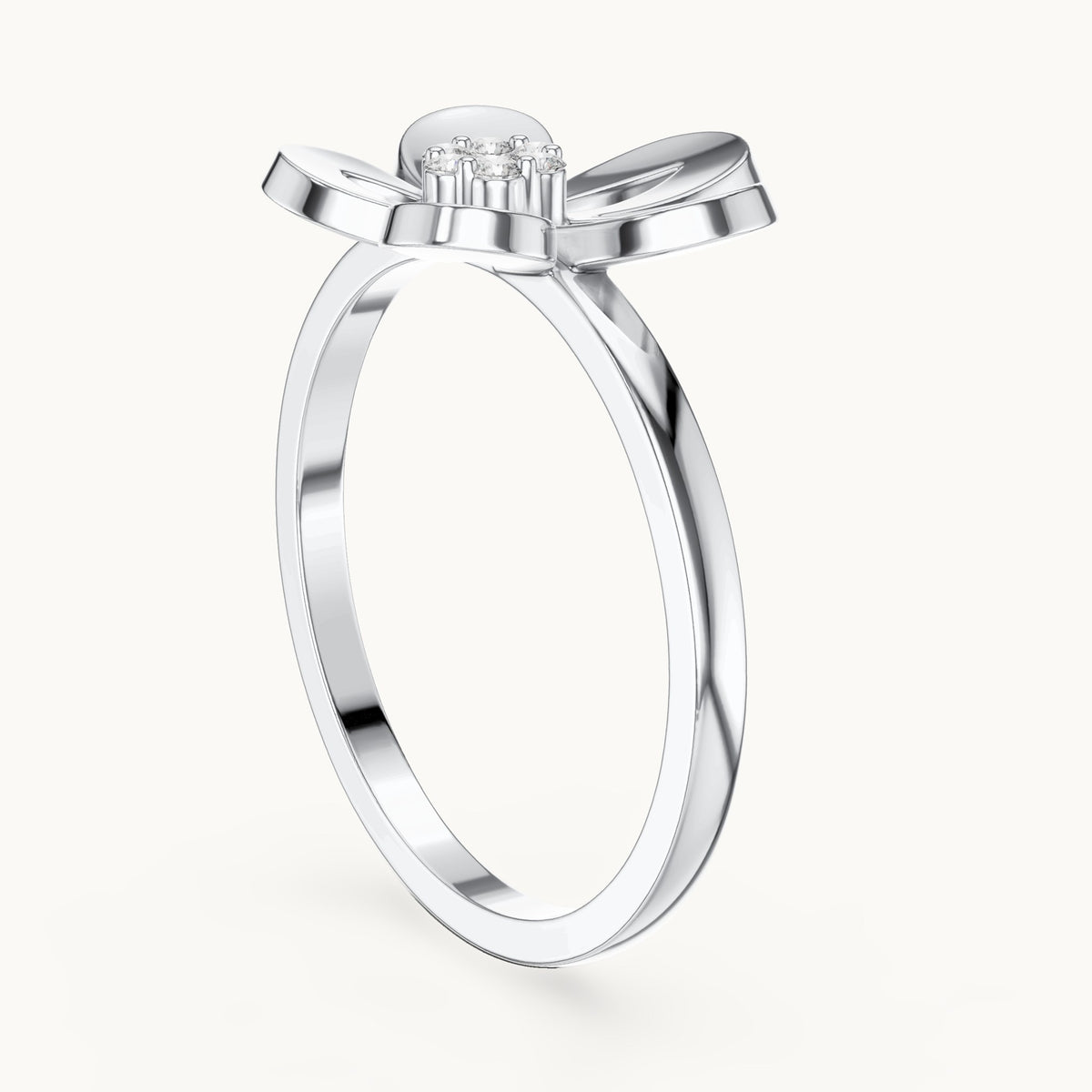 Round lab-grown diamond plumeria flower ring in white gold, 0.048 CT TW, view 1