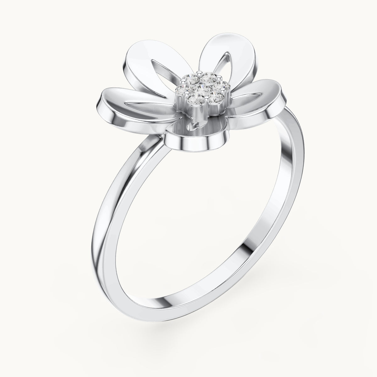 Round lab-grown diamond plumeria flower ring in white gold, 0.048 CT TW, view 2