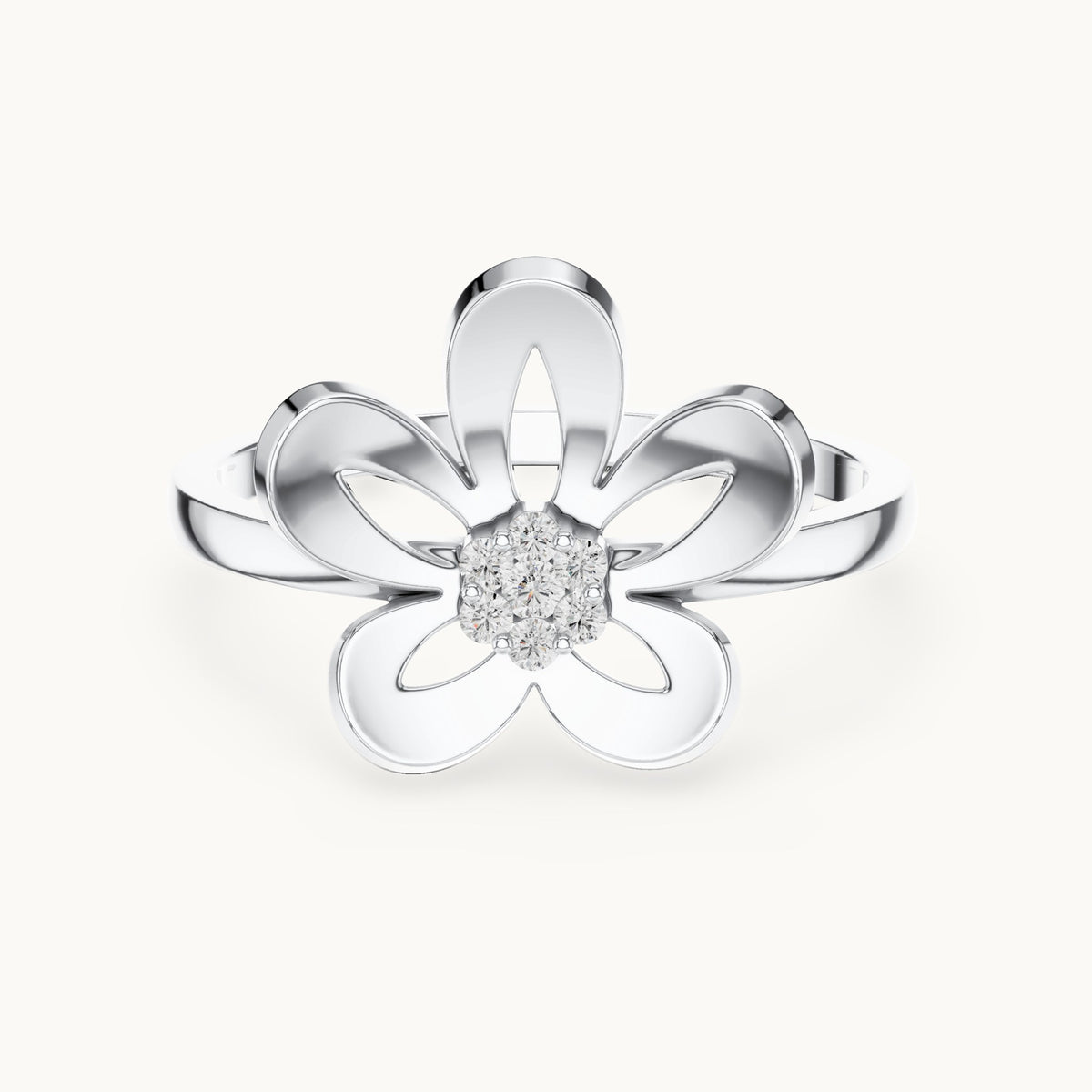 Round lab-grown diamond plumeria flower ring in white gold, 0.048 CT TW, view 4