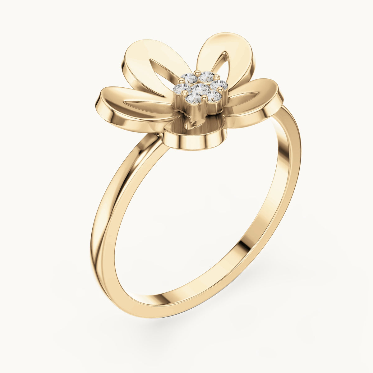 Round lab-grown diamond plumeria flower ring in yellow gold, 0.048 CT TW, view 2