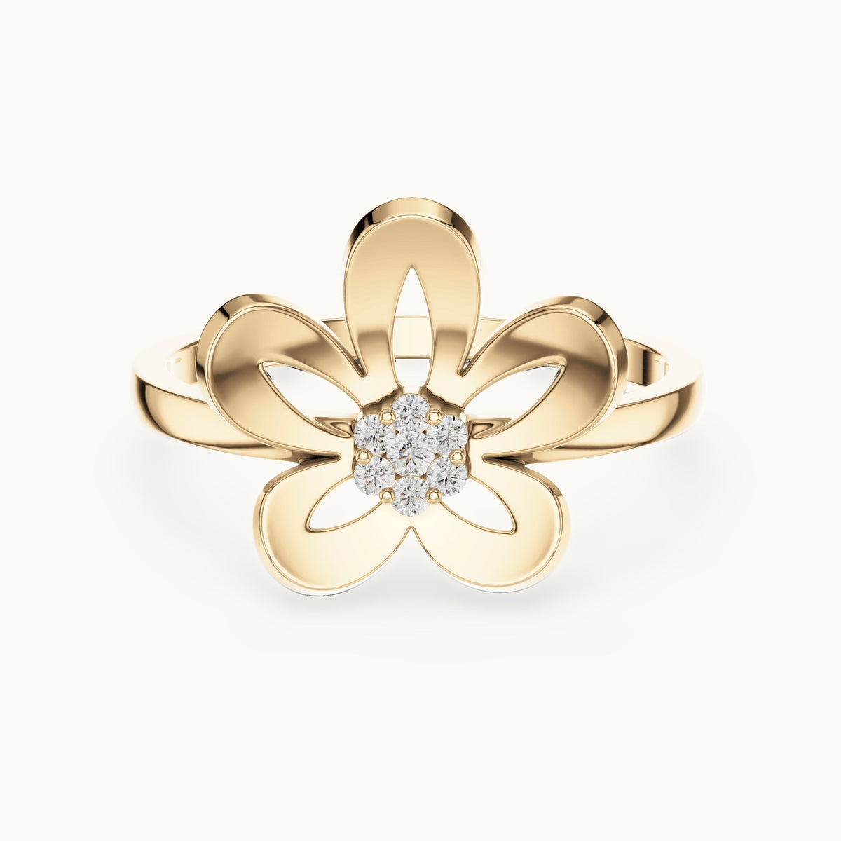 Round lab-grown diamond plumeria flower ring in yellow gold, 0.048 CT TW, view 4