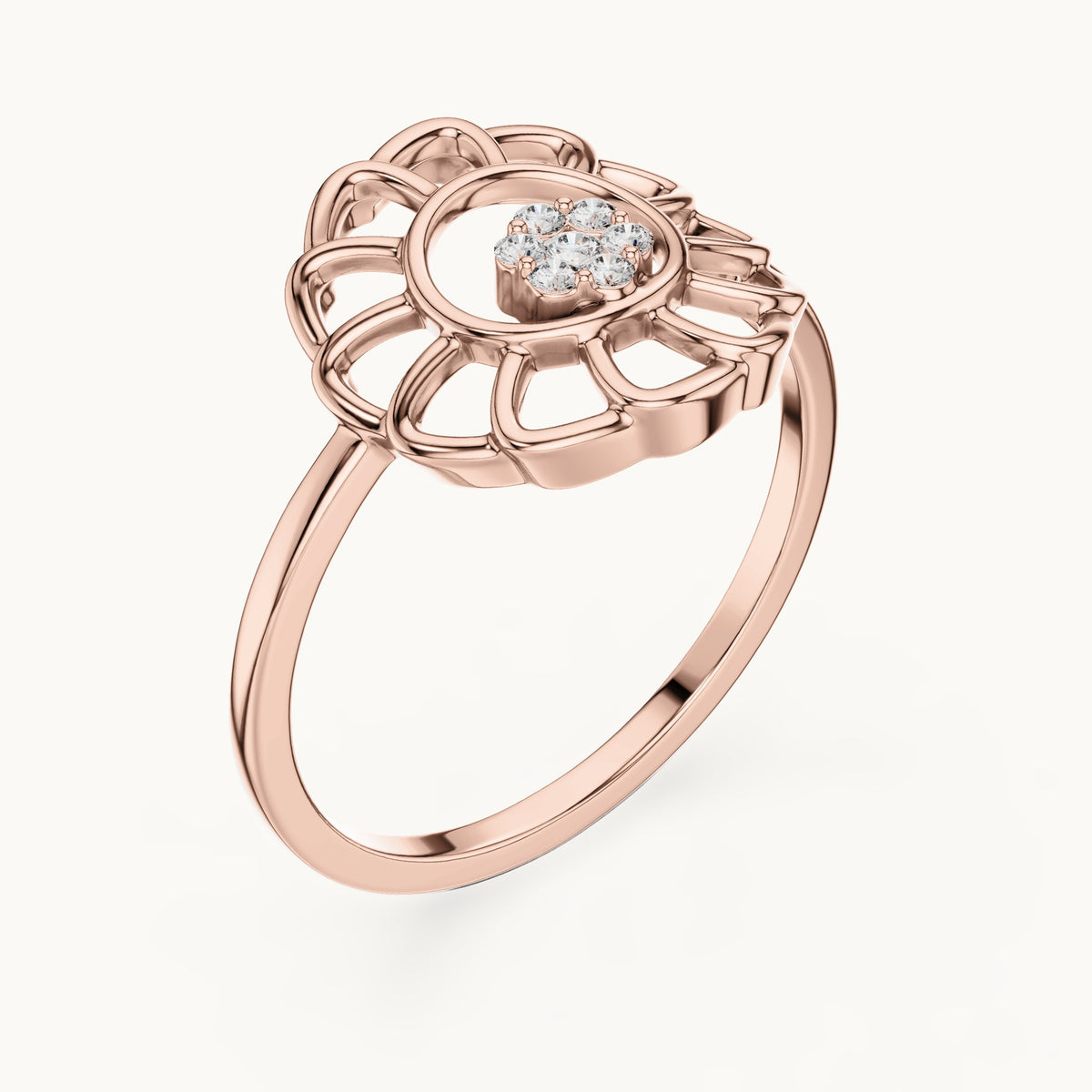 Round lab-grown diamond openwork sunflower cluster ring in rose gold, 0.054 CT TW, view 2