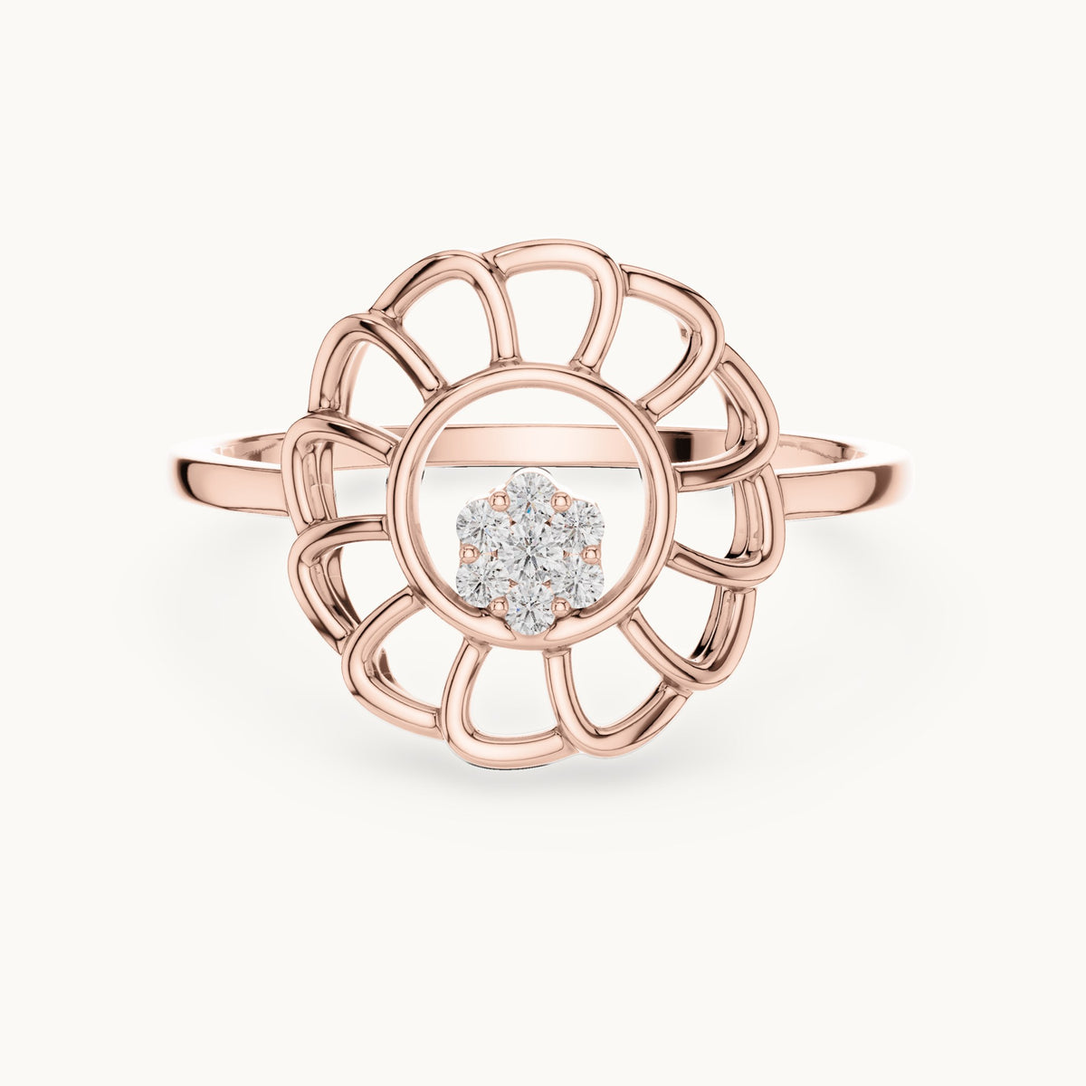 Round lab-grown diamond openwork sunflower cluster ring in rose gold, 0.054 CT TW, view 4