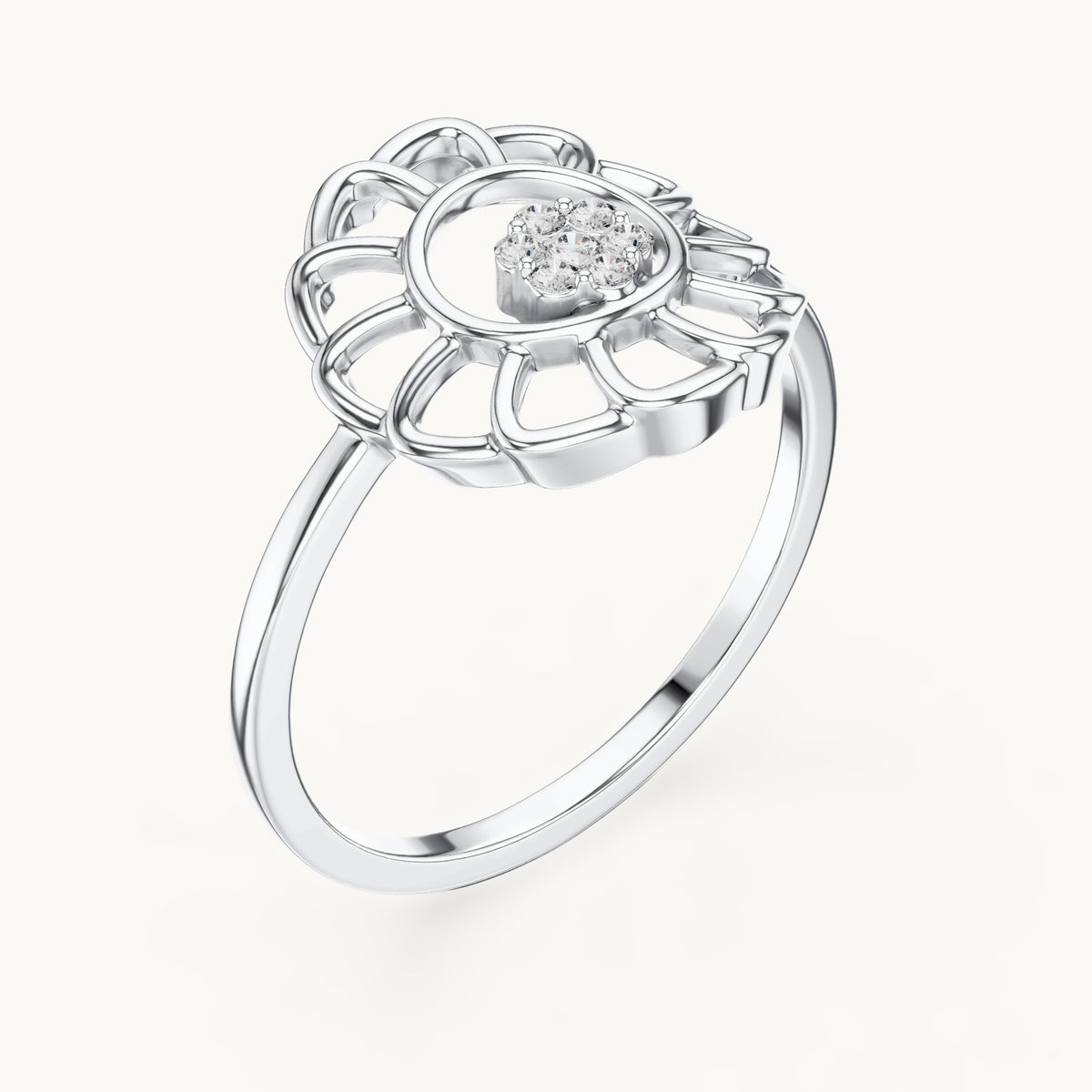 Round lab-grown diamond openwork sunflower cluster ring in white gold, 0.054 CT TW, view 2