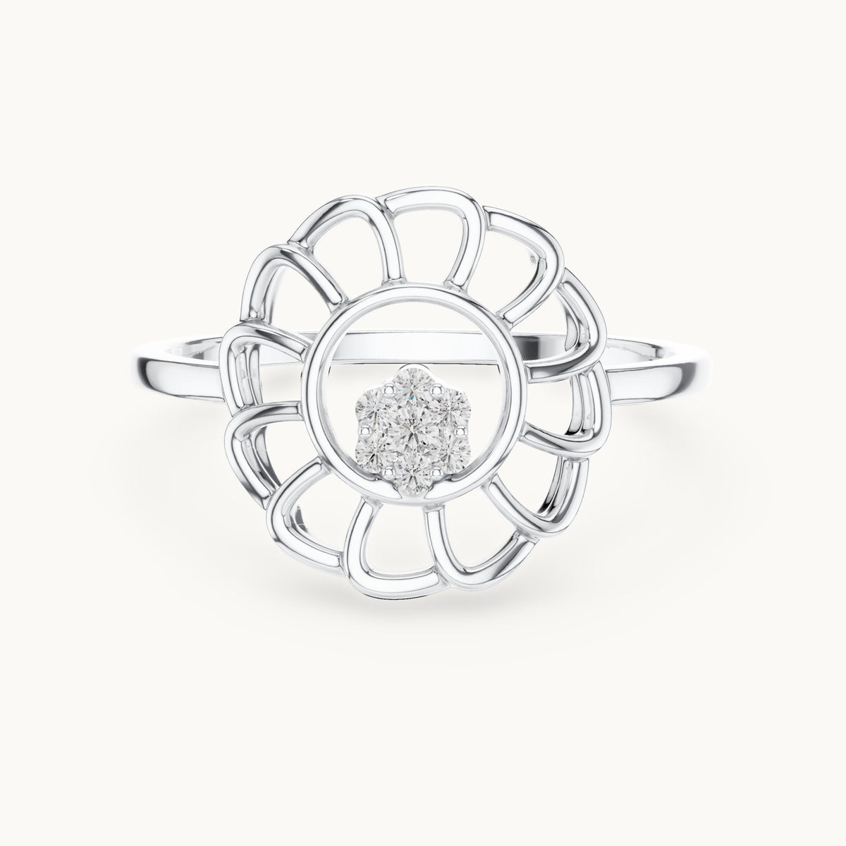 Round lab-grown diamond openwork sunflower cluster ring in white gold, 0.054 CT TW, view 4