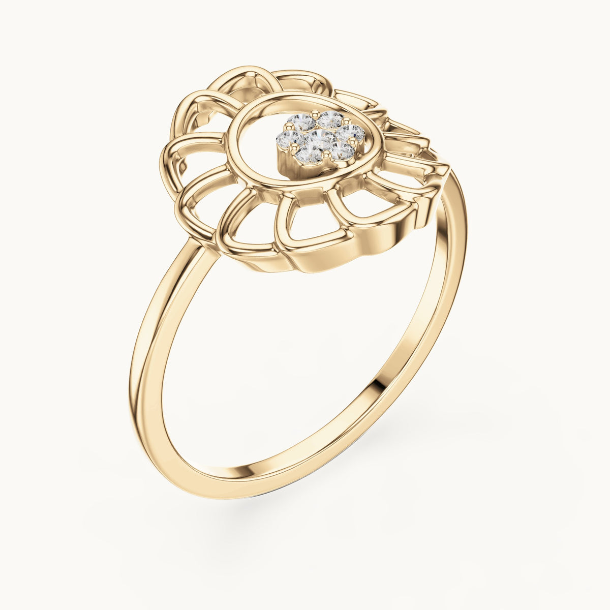 Round lab-grown diamond openwork sunflower cluster ring in yellow gold, 0.054 CT TW, view 2