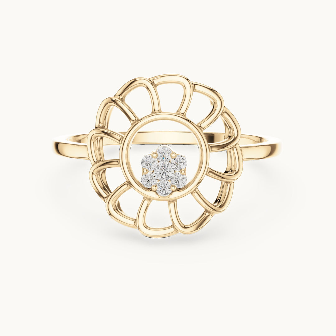 Round lab-grown diamond openwork sunflower cluster ring in yellow gold, 0.054 CT TW, view 4