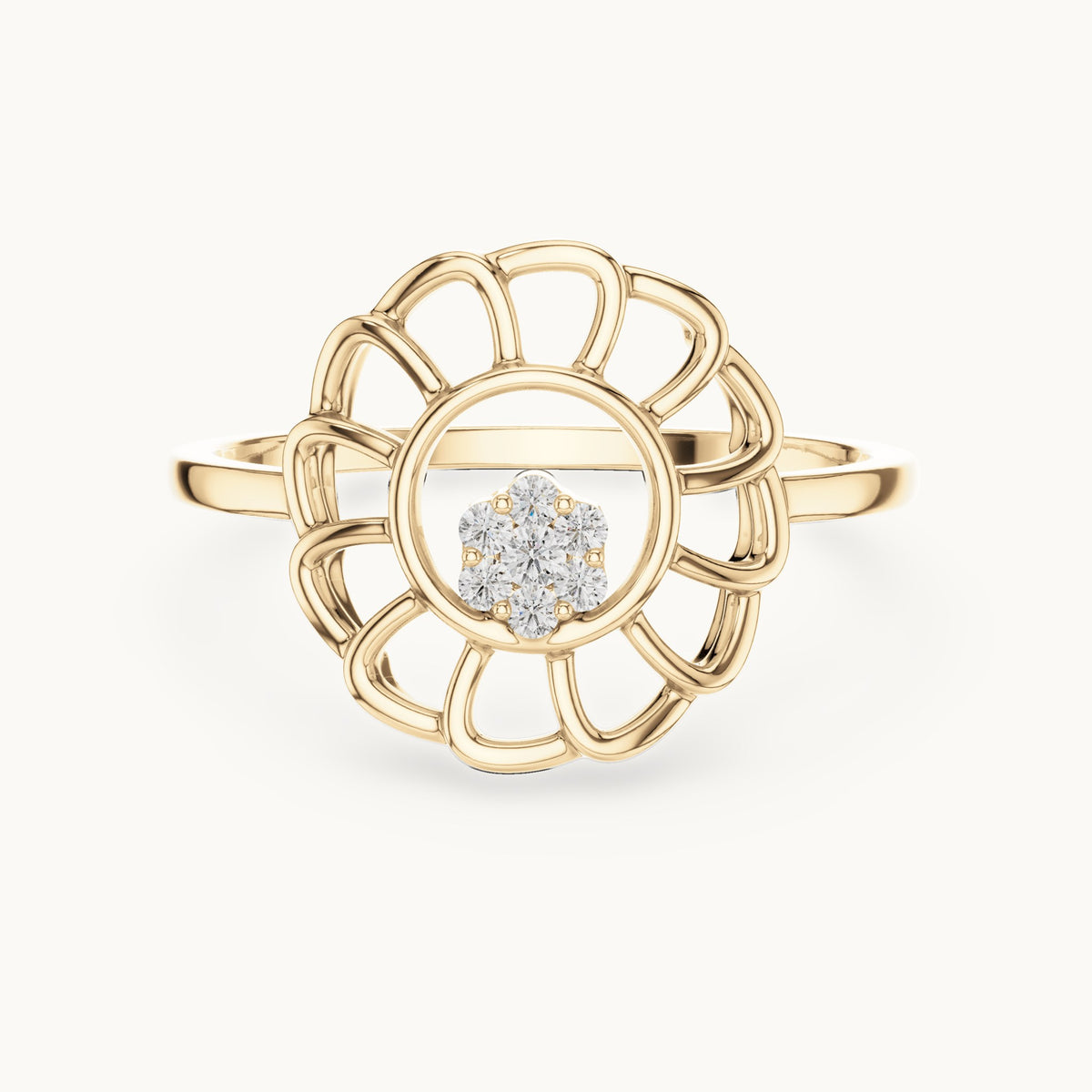 Round lab-grown diamond openwork sunflower cluster ring in yellow gold, 0.054 CT TW, view 4