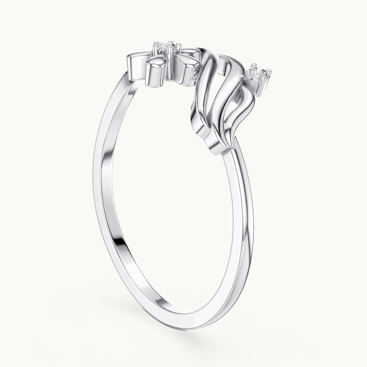 Round lab-grown diamond flower and wave ring in white gold, 0.020 CT TW, view 1