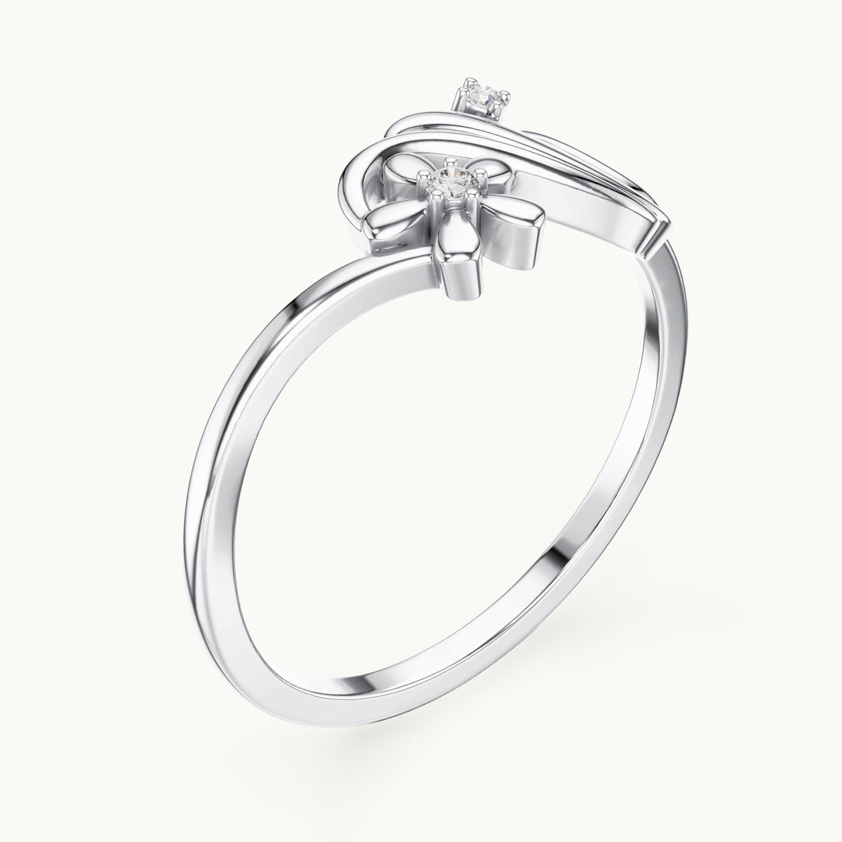Round lab-grown diamond flower and wave ring in white gold, 0.020 CT TW, view 2