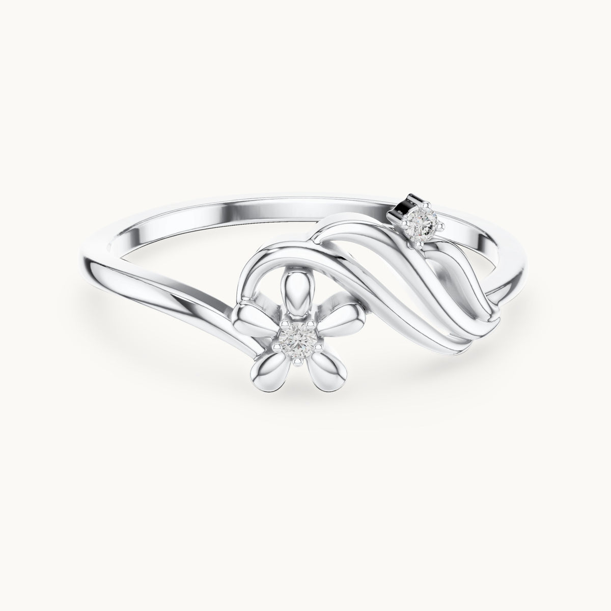 Round lab-grown diamond flower and wave ring in white gold, 0.020 CT TW, view 4