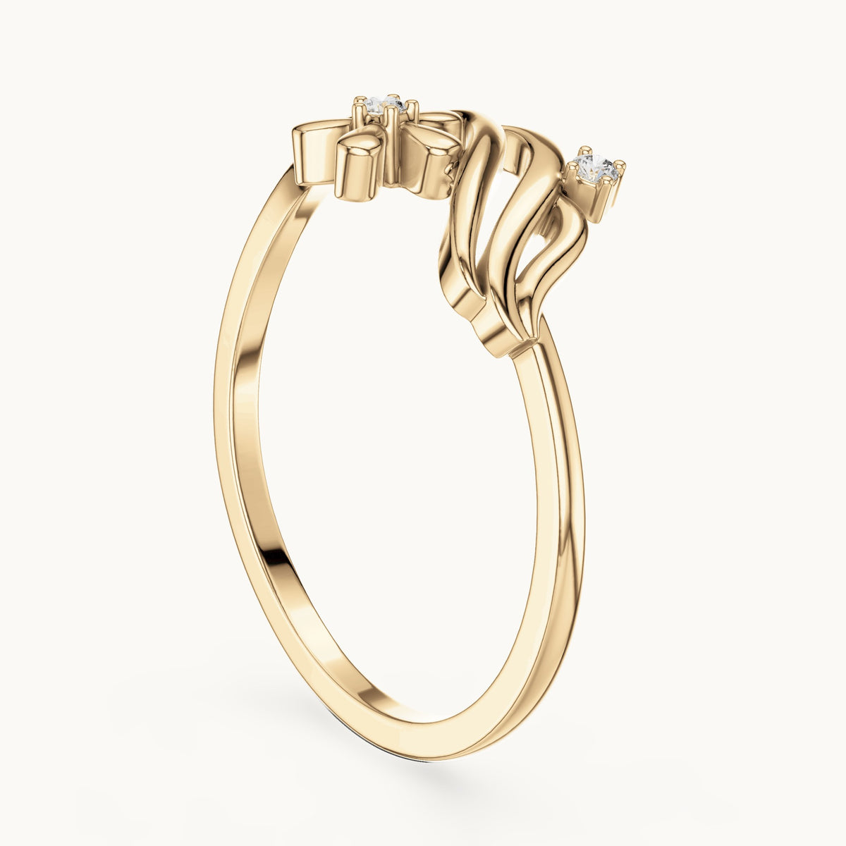 Round lab-grown diamond flower and wave ring in yellow gold, 0.020 CT TW, view 1