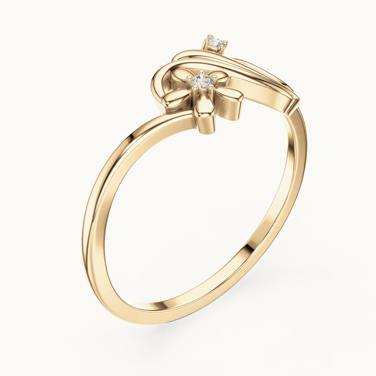Round lab-grown diamond flower and wave ring in yellow gold, 0.020 CT TW, view 2