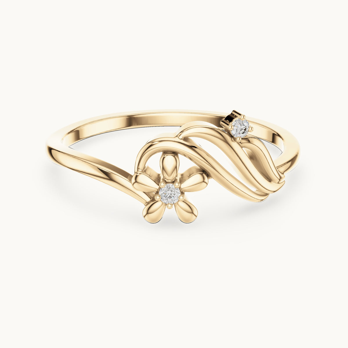 Round lab-grown diamond flower and wave ring in yellow gold, 0.020 CT TW, view 4