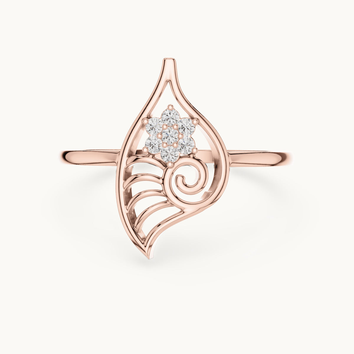 Round lab-grown diamond openwork leaf swirl cluster ring in rose gold, 0.058 CT TW, view 4