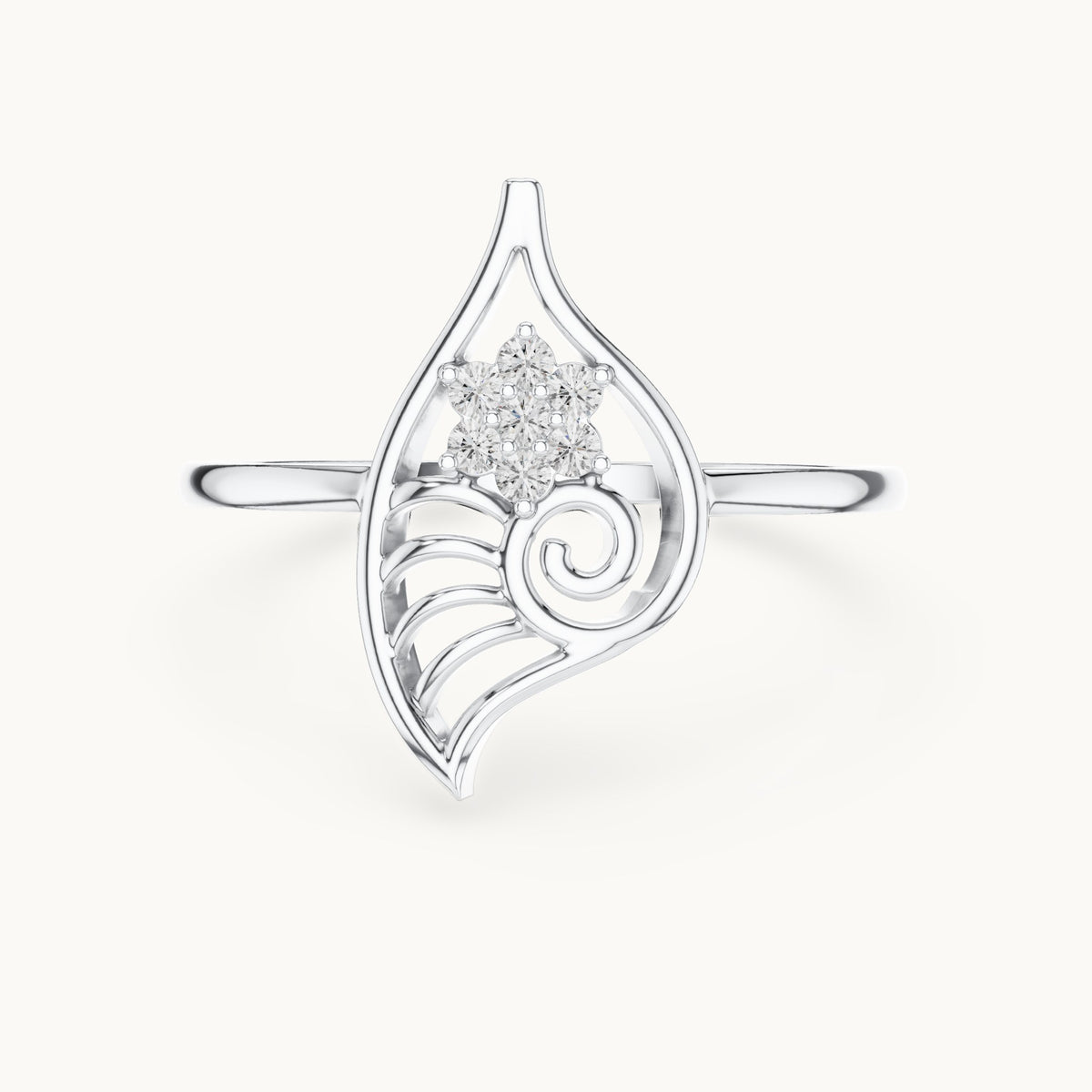 Round lab-grown diamond openwork leaf swirl cluster ring in white gold, 0.058 CT TW, view 4