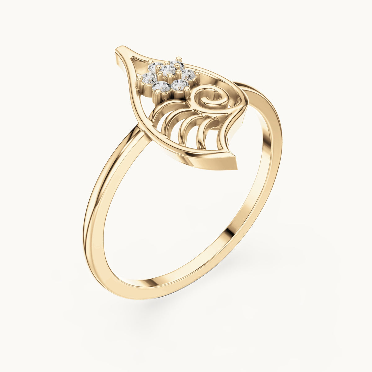 Round lab-grown diamond openwork leaf swirl cluster ring in yellow gold, 0.058 CT TW, view 2