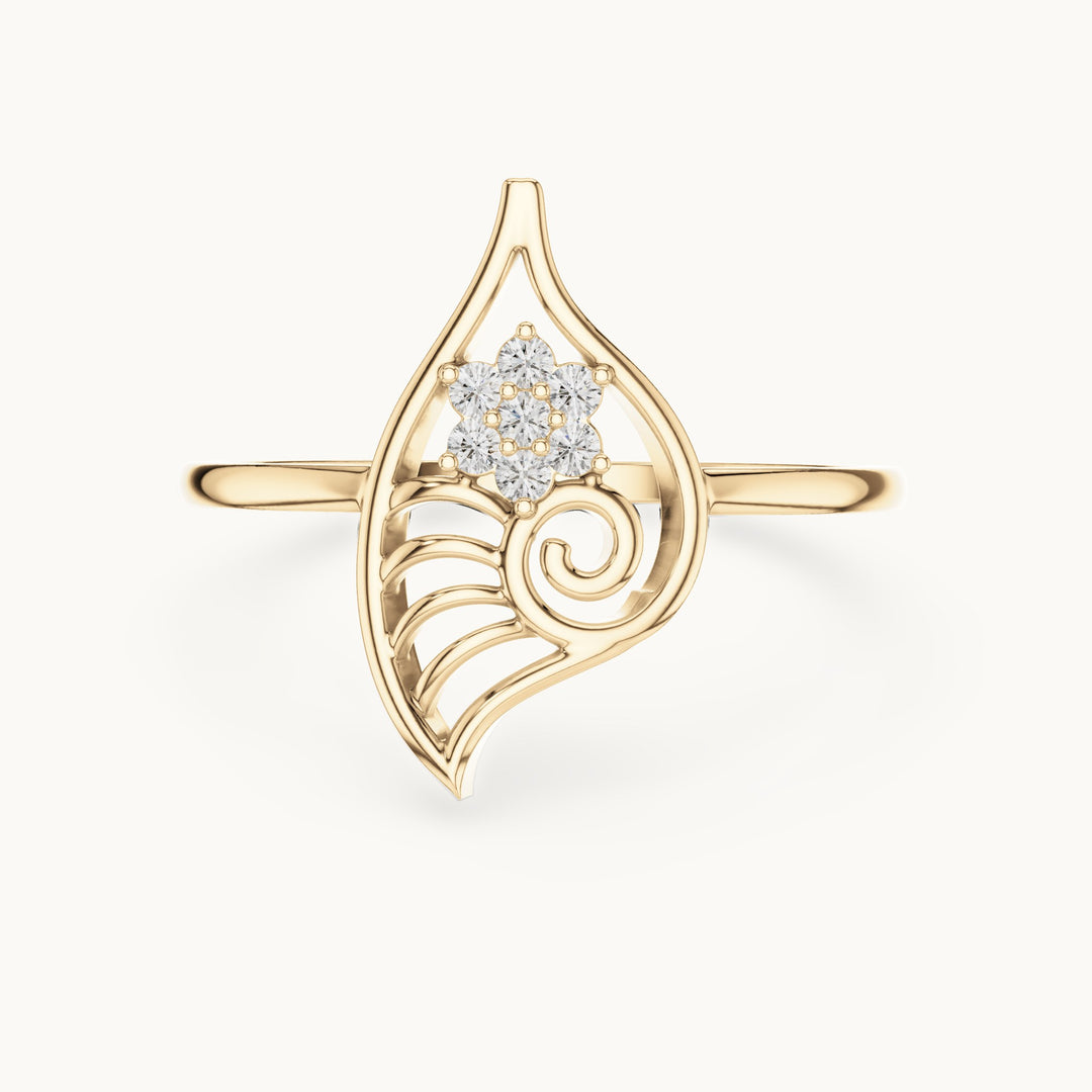 Round lab-grown diamond openwork leaf swirl cluster ring in yellow gold, 0.058 CT TW, view 4