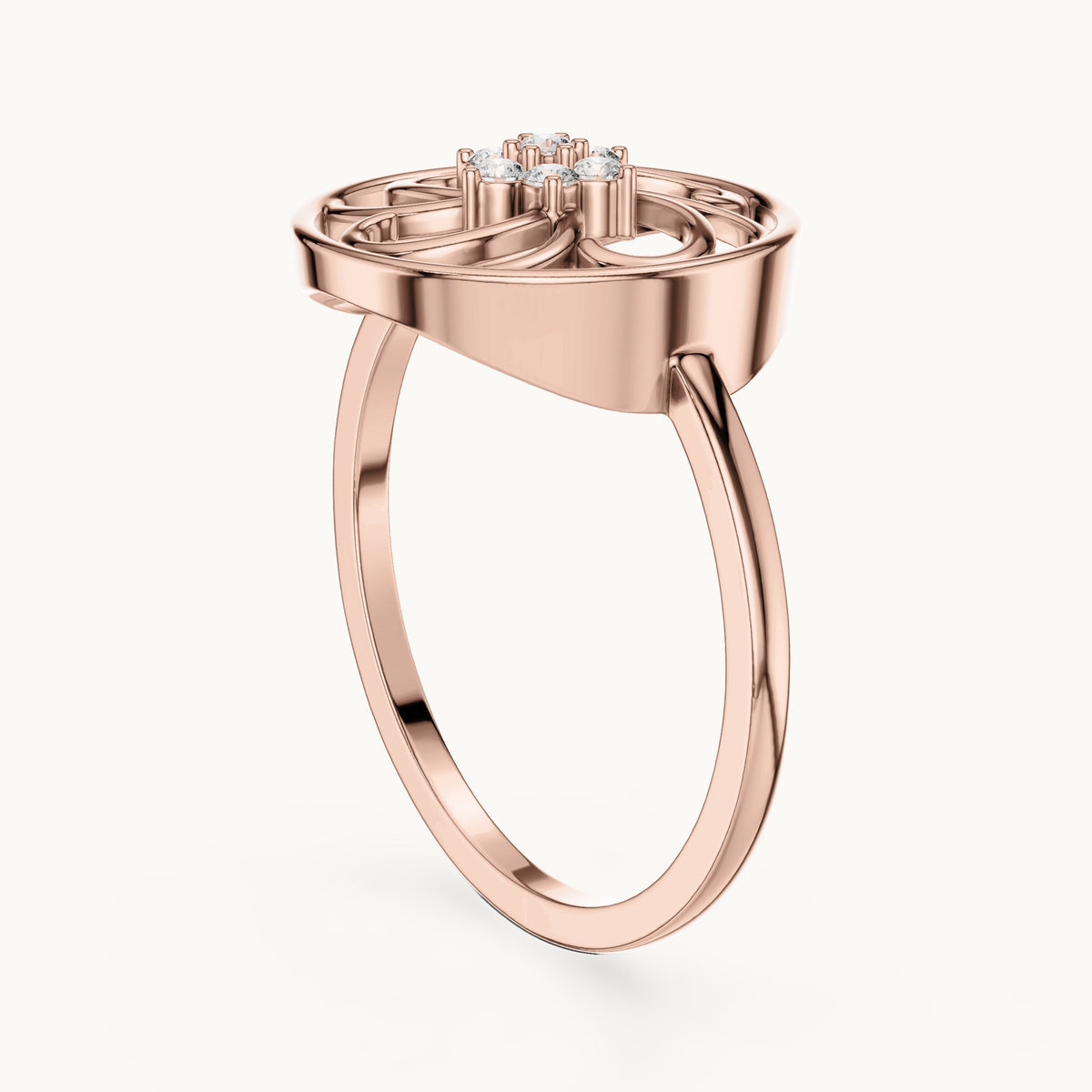Round lab-grown diamond pinwheel filigree flower ring in rose gold, 0.072 CT TW, view 1