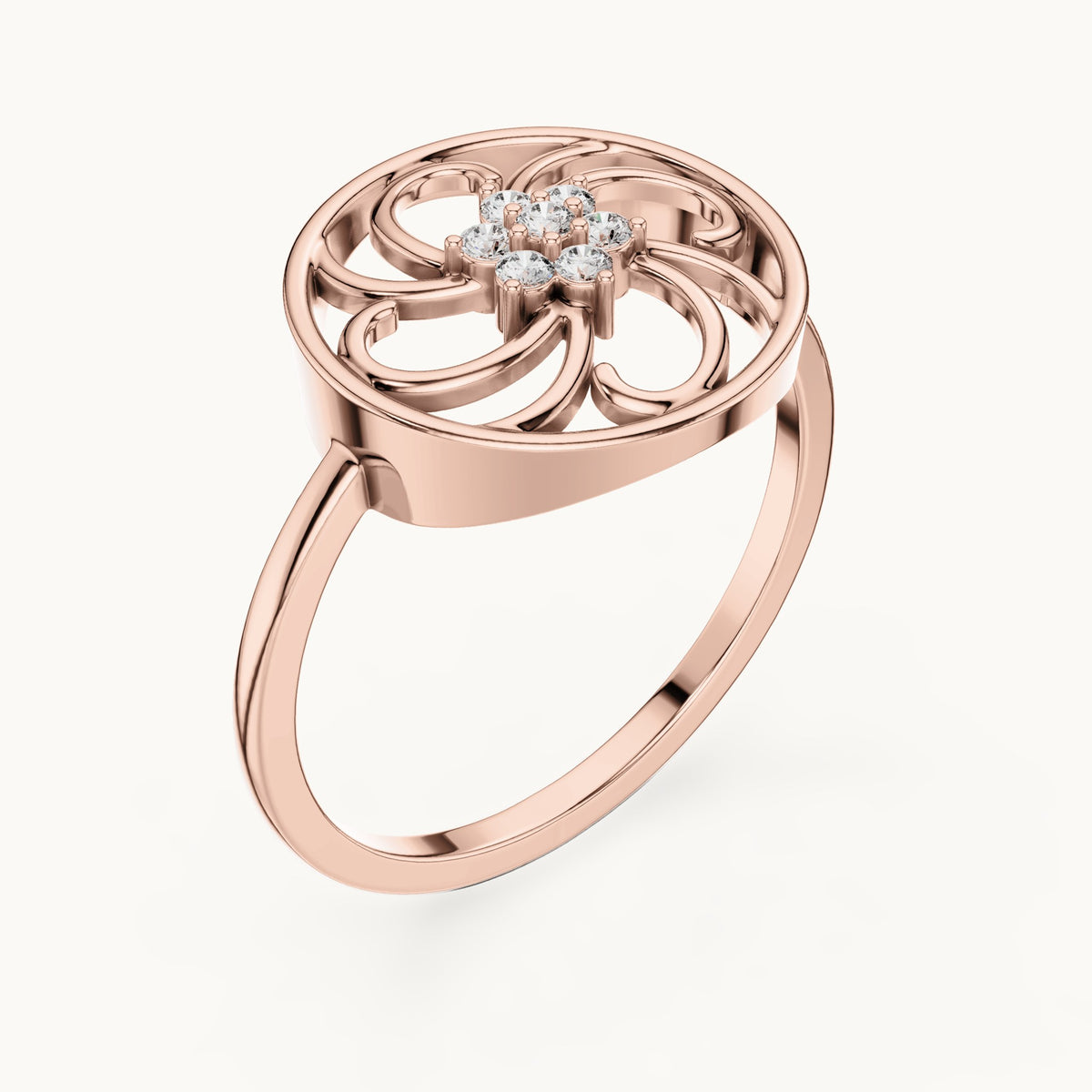 Round lab-grown diamond pinwheel filigree flower ring in rose gold, 0.072 CT TW, view 2
