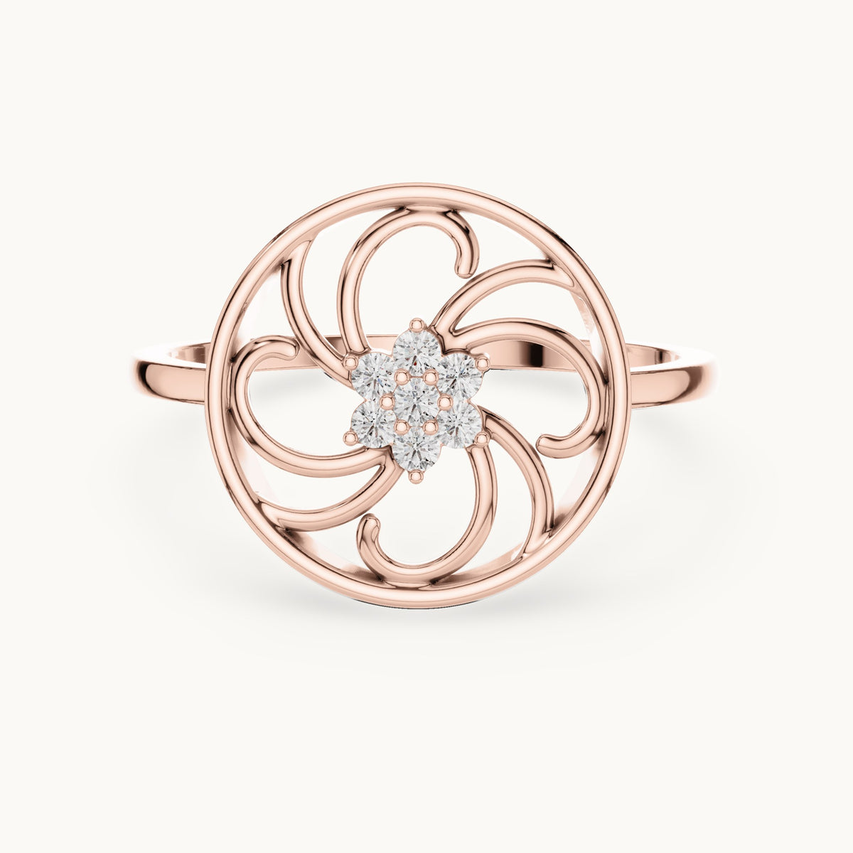 Round lab-grown diamond pinwheel filigree flower ring in rose gold, 0.072 CT TW, view 4