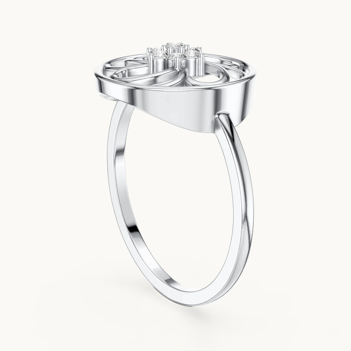 Round lab-grown diamond pinwheel filigree flower ring in white gold, 0.072 CT TW, view 1