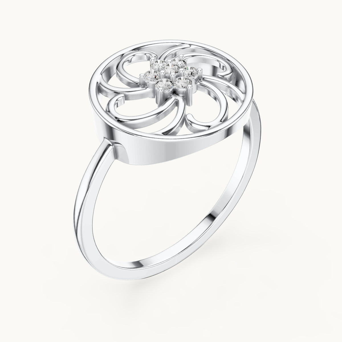Round lab-grown diamond pinwheel filigree flower ring in white gold, 0.072 CT TW, view 2